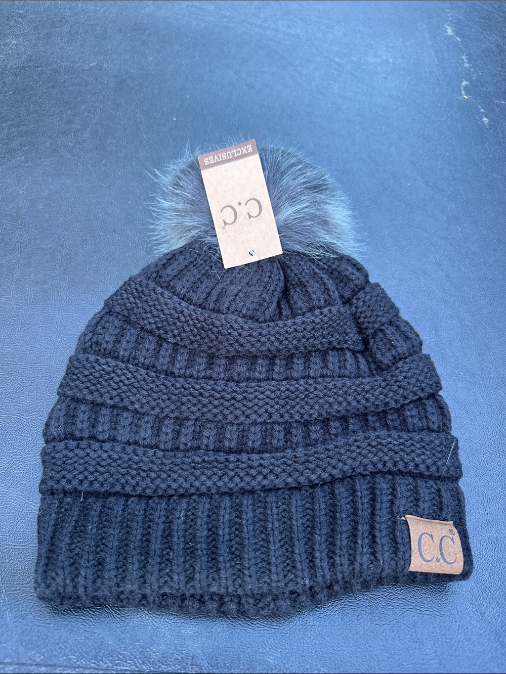C.C Kids Black Knit Beanie with Faux Fur Pom